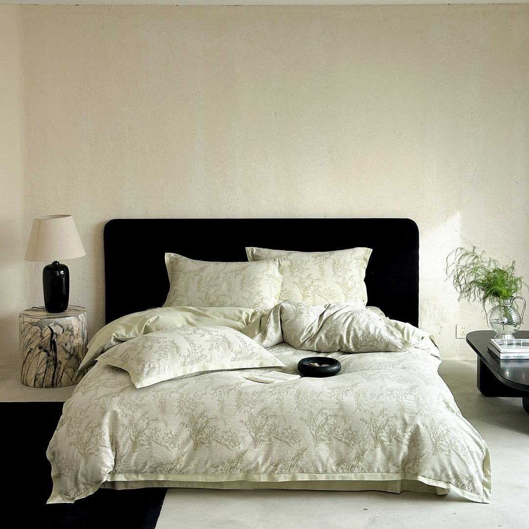 Floral Jacquard Duvet Cover Set Cotton-Linen Blend Reversible