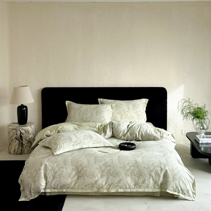 Floral Jacquard Duvet Cover Set Cotton-Linen Blend Reversible