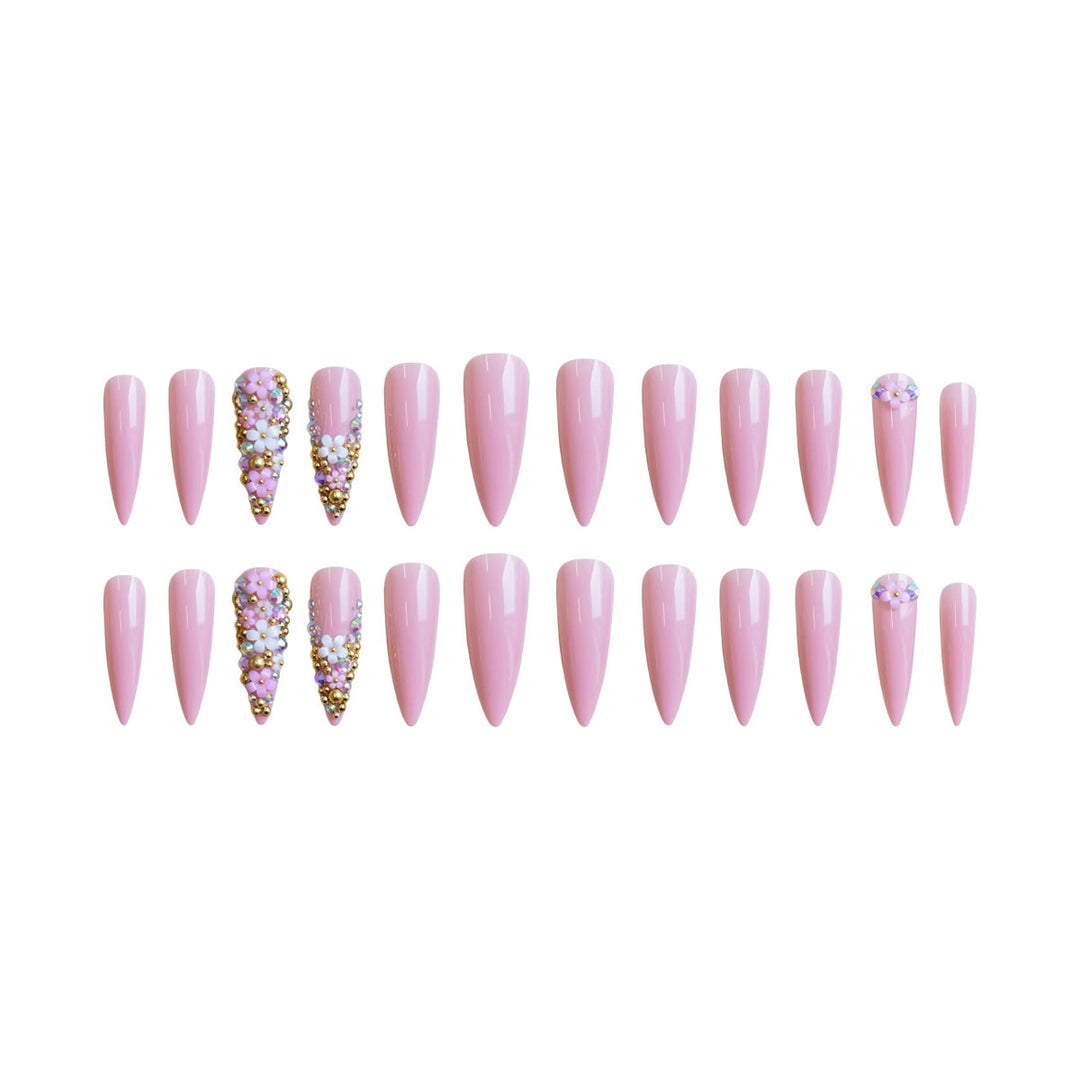 Artificial nail set with floral 3D decorations and glitter Stornfield