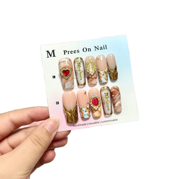 Handmade Decorative Press-On Nail Art Set with Ornate Gem Accents