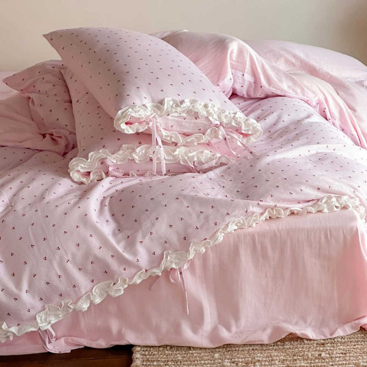 Ruffled Cotton Blend Duvet Cover Set with Tied Corners