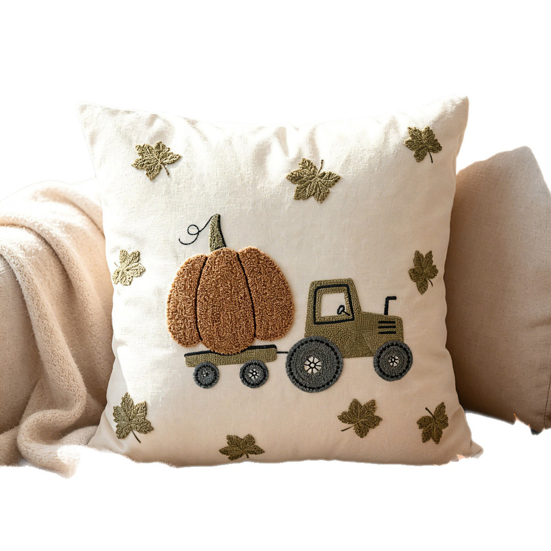Autumn Embroidered Pumpkin Tractor Linen Throw Pillow