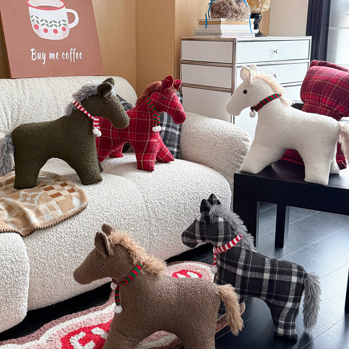 Decorative cuddle horse made of teddy fleece as a decorative and play cushion