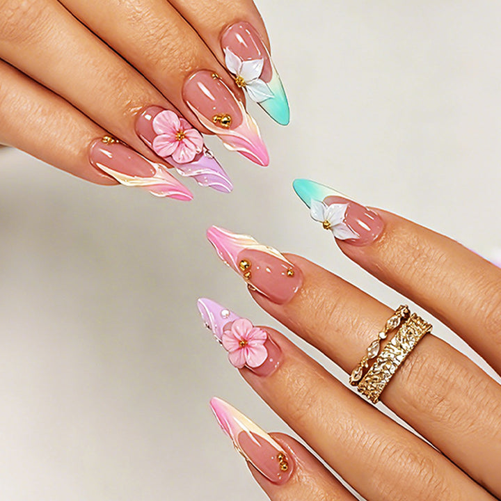 Elegant Artistic Press-On Nail Set with Floral Designs Stornfield