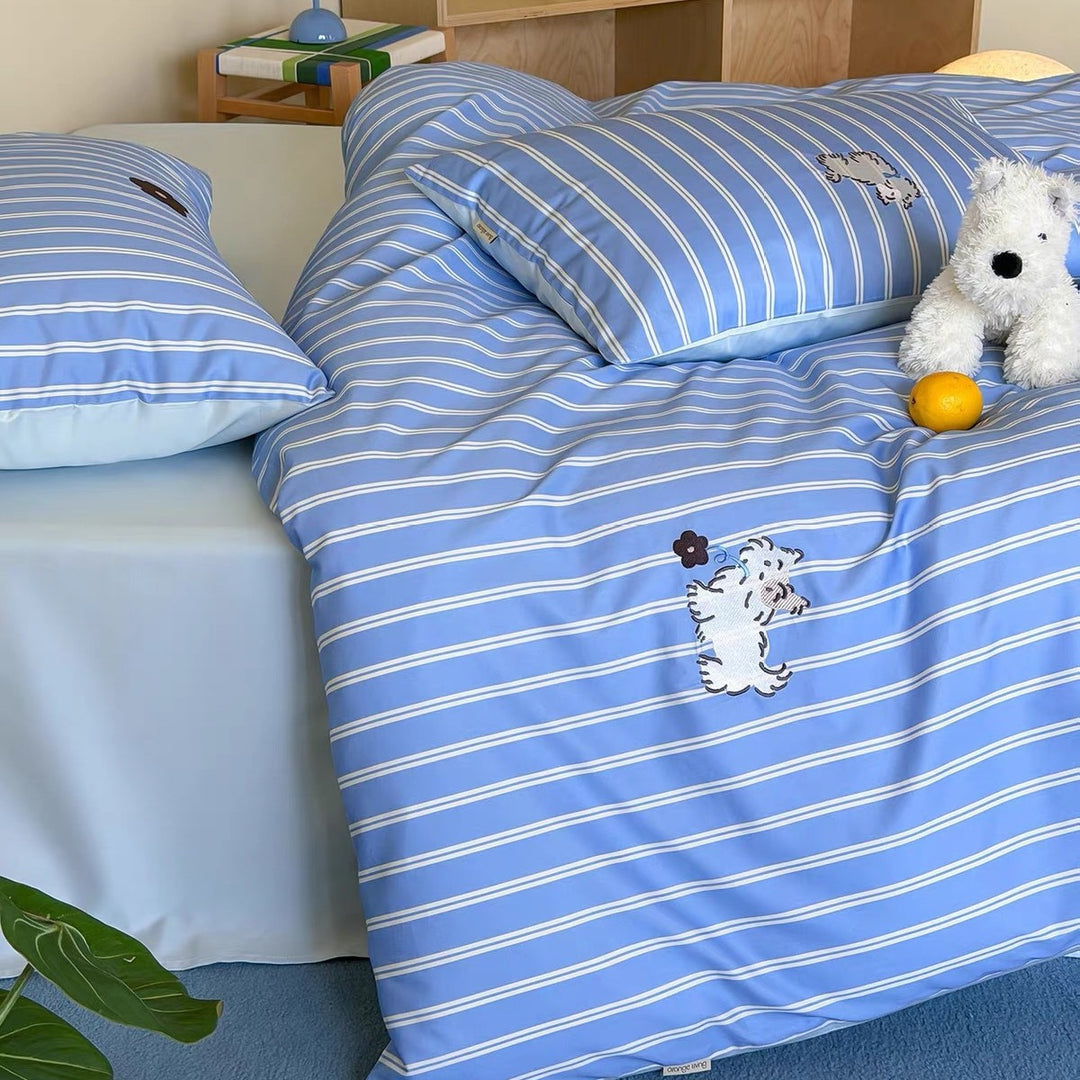 Striped Cotton Sateen Duvet Cover Set with Embroidered Cat Patch and Hidden Zipper
