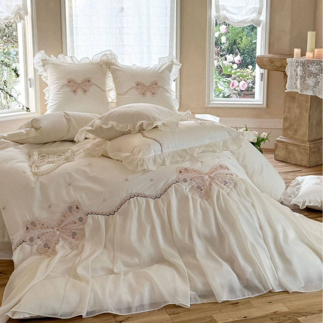Romantic bedding set with chiffon ruffle, delicate lace and butterfly embroidery