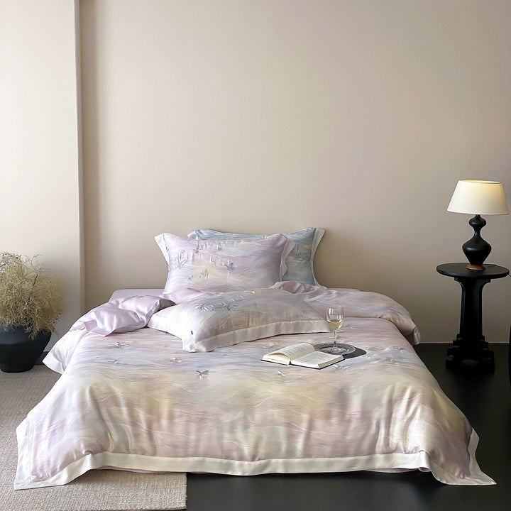 Elegant satin bedding set with watercolored gradient and 3D butterfly embroidery