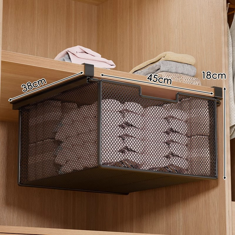 Under-Shelf Pull-Out Metal Mesh Closet Basket Organizer with Clamp Rail