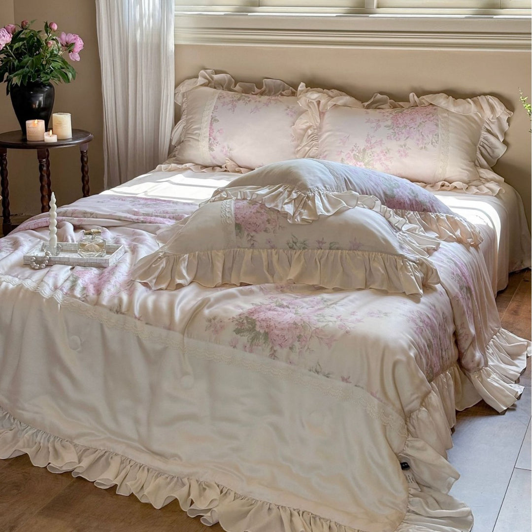 Ruffled satin pillowcase with flounce, lace border, and floral insert