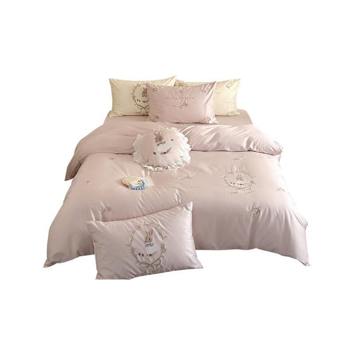 Embroidered satin bedding set with cute bunny motif
