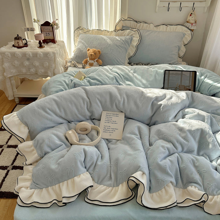 Plush Jacquard Quilted Duvet Comforter with Ruffle Trim and Contrast Piping