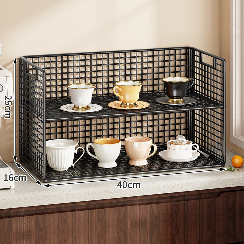 Double-Tier Metal Grid Countertop Organizer Shelf for Cups and Kitchenware