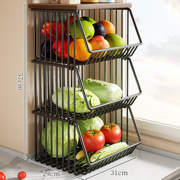 Countertop Wooden Top Metal Wire Fruit and Vegetable Storage Rack