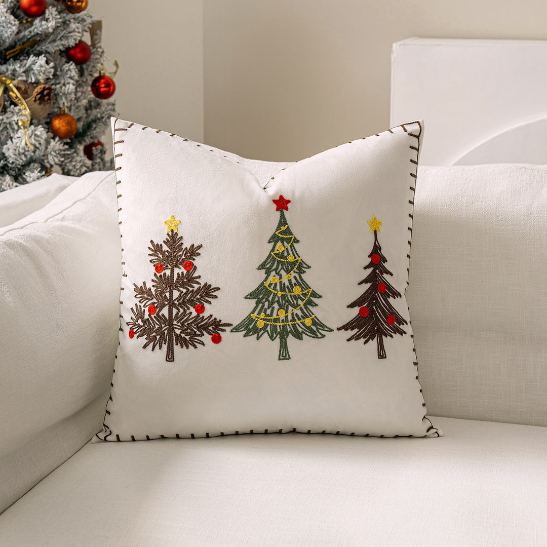 Plush Velvet Square Accent Pillow Cover with Hand-Stitched Christmas Tree Embroidery and Blanket-Stitch Edge