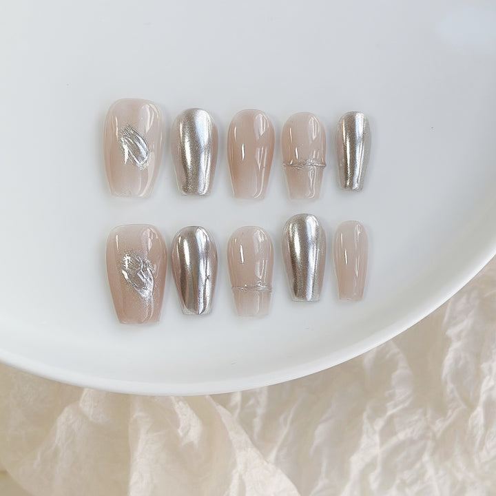 Premium Press-On Nail Art with Metallic and Glossy Finish
