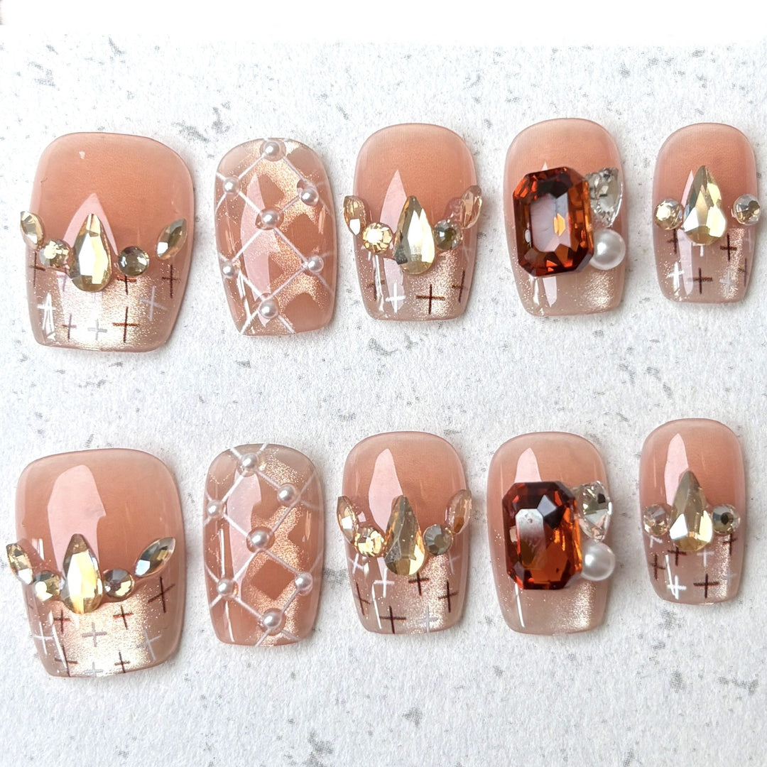 Decorative Press-On Nail Art Set with Gem Accents