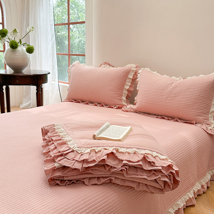 Quilted Ruffled Cotton Bedspread Set with Lace-Trim Pillow Shams