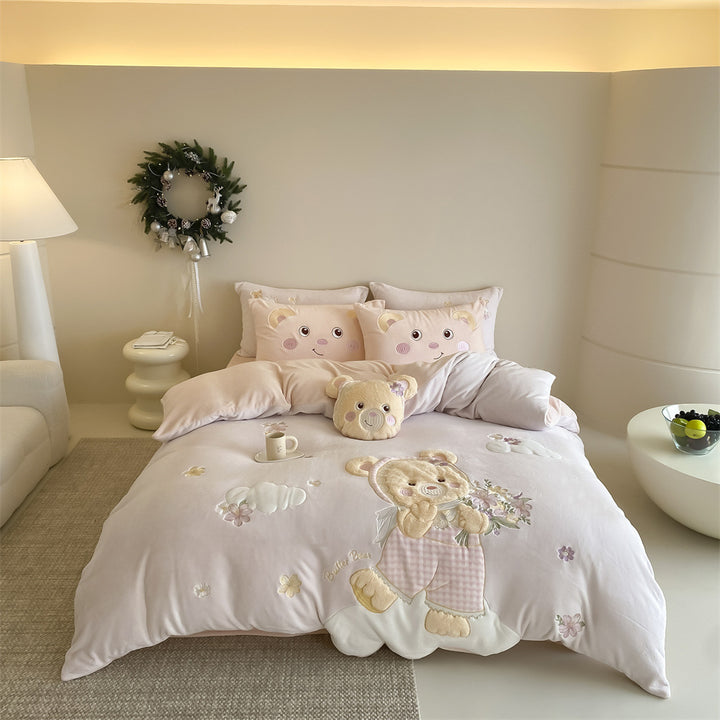 Embroidered Plush Teddy Duvet Cover Set