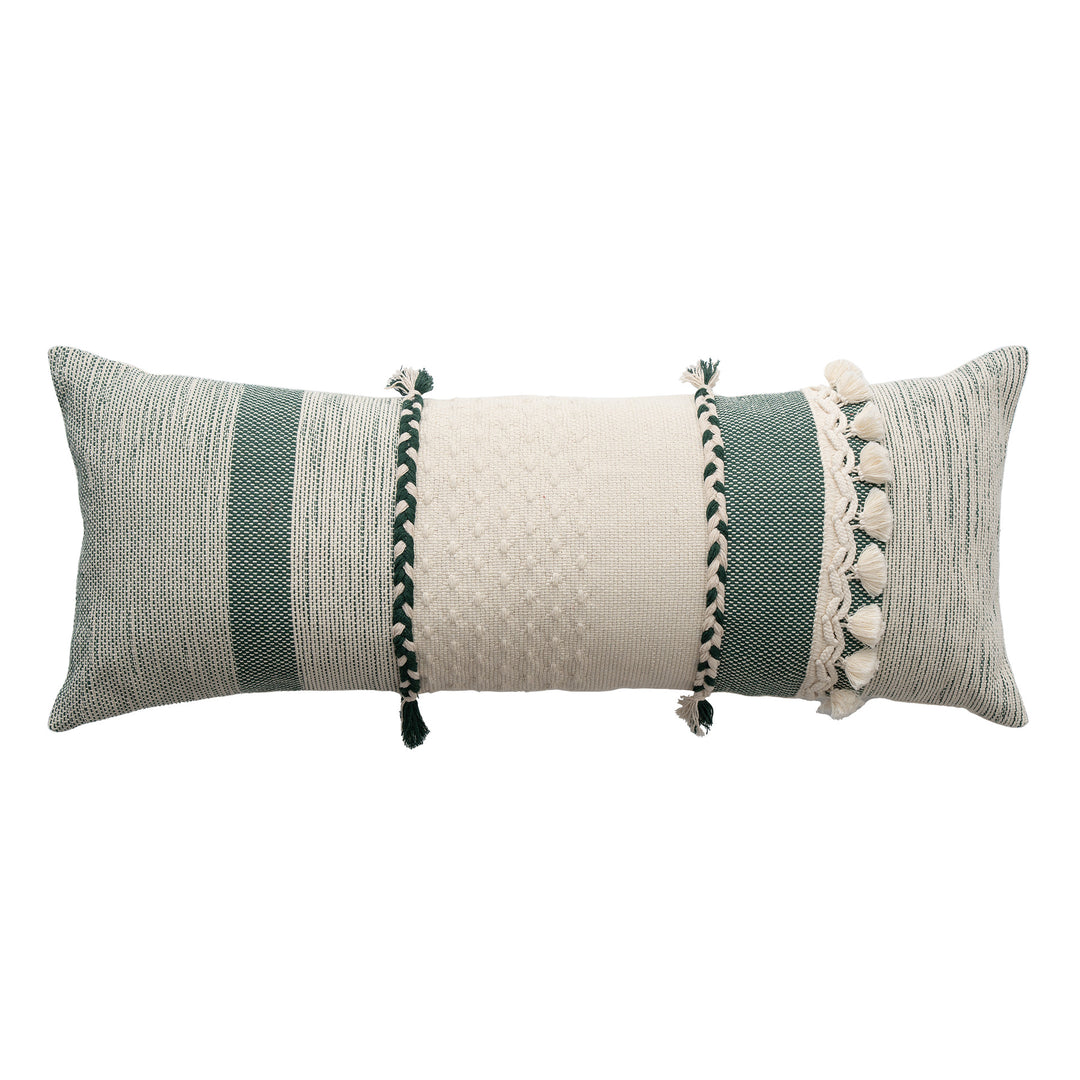 Rectangular Boho Lumbar Pillow with Braided Ties and Tassels