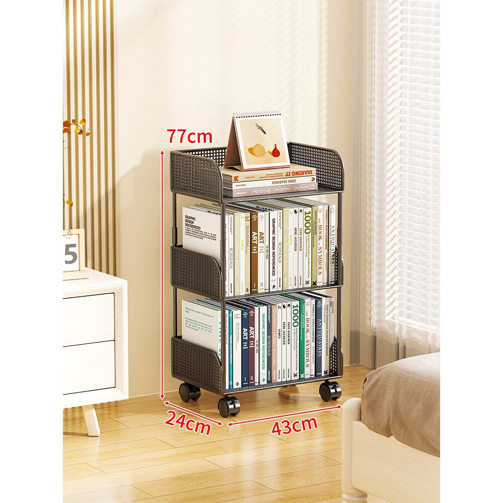 Narrow Mesh Mobile Bookcase with Deep Wire Baskets and Locking Swivel Casters