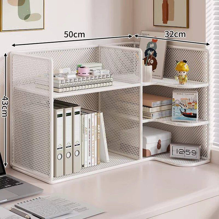 Mesh Corner Desktop Organizer Shelf with Multi-Compartment Tiers and Vertical File Slots