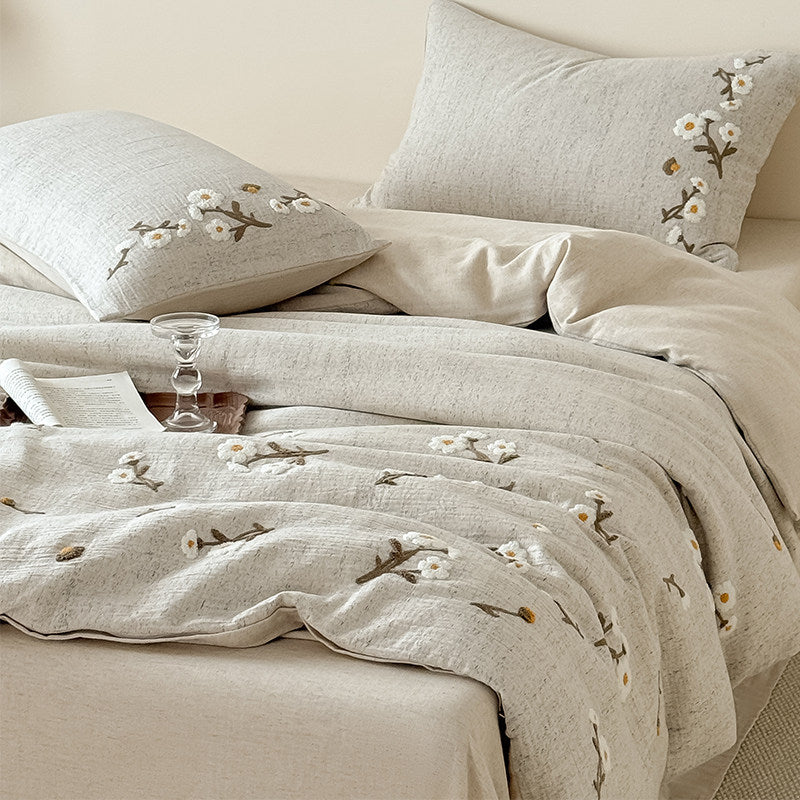 Embroidered Cotton-Linen Duvet Cover Bedding Set with Quilted Reversible Comforter and Decorative Pillow Shams