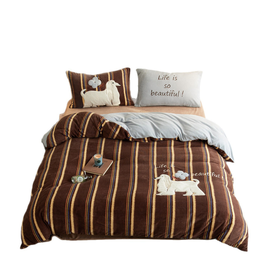 Plaid Cotton Duvet Cover Set with Embroidered Scottie Dog Appliqué and Reversible Plush Lining