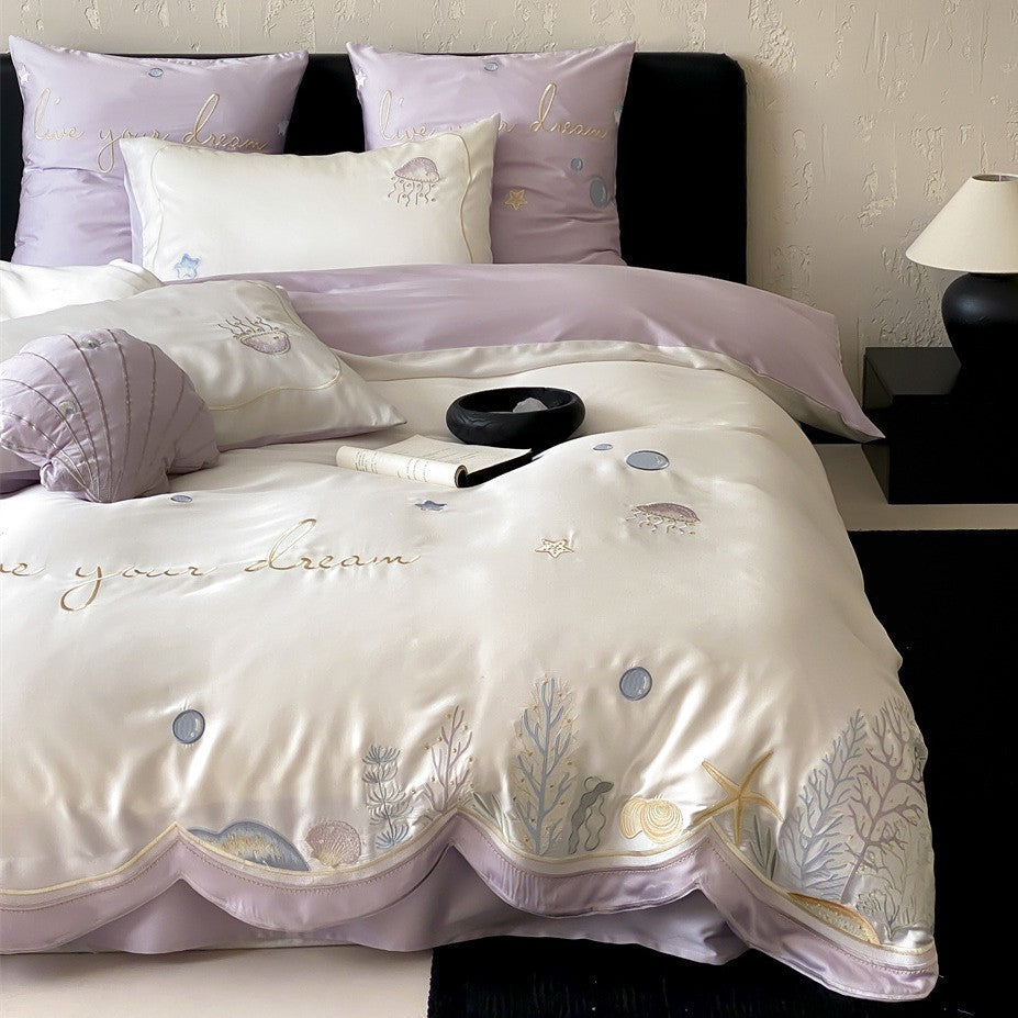 Embroidered Satin-Feel Ocean Motif Duvet Cover Set
