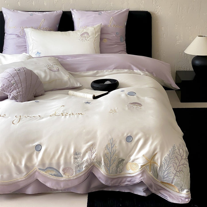Embroidered Satin-Feel Ocean Motif Duvet Cover Set