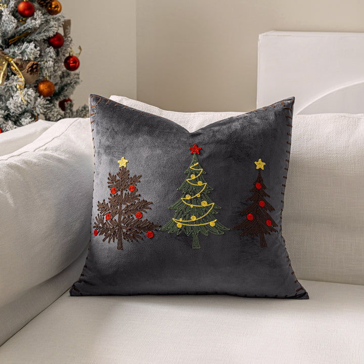 Embroidered Christmas Tree Square Throw Pillow Cover with Whipstitch Edge