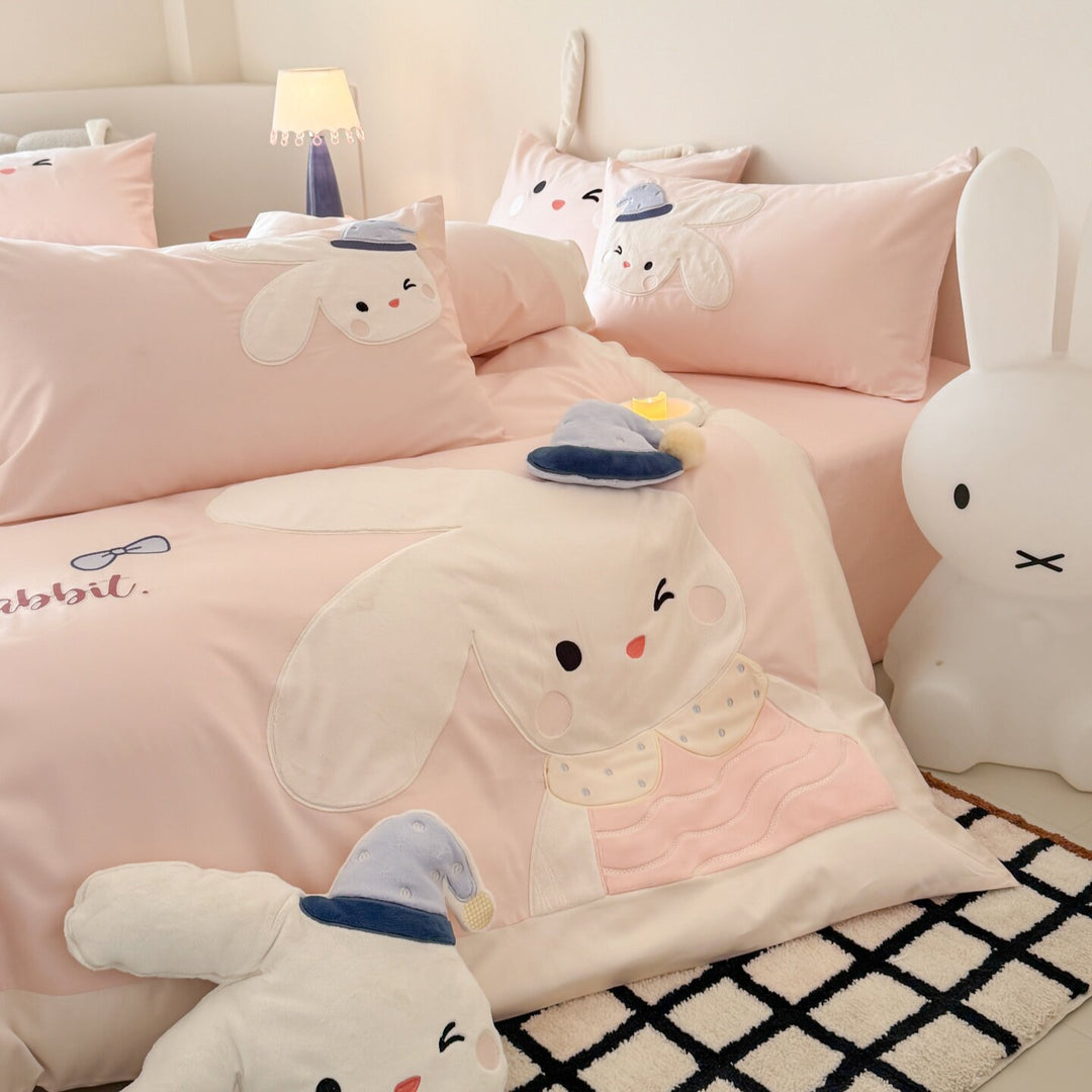 Cute Bunny Embroidered Cotton Sateen Duvet Cover Set with Plush Appliqué & Ear Pillow Shams