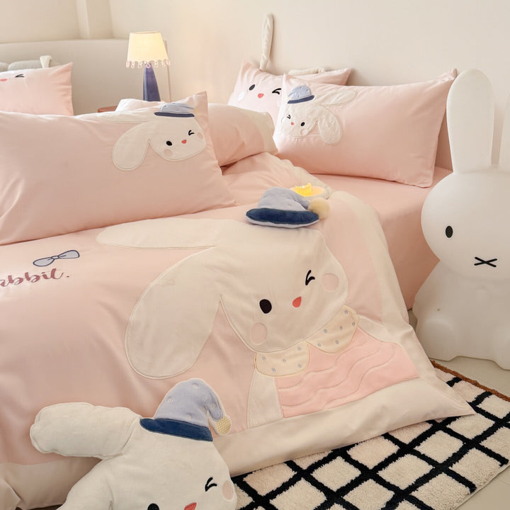 Cute Bunny Embroidered Cotton Sateen Duvet Cover Set with Plush Appliqué & Ear Pillow Shams