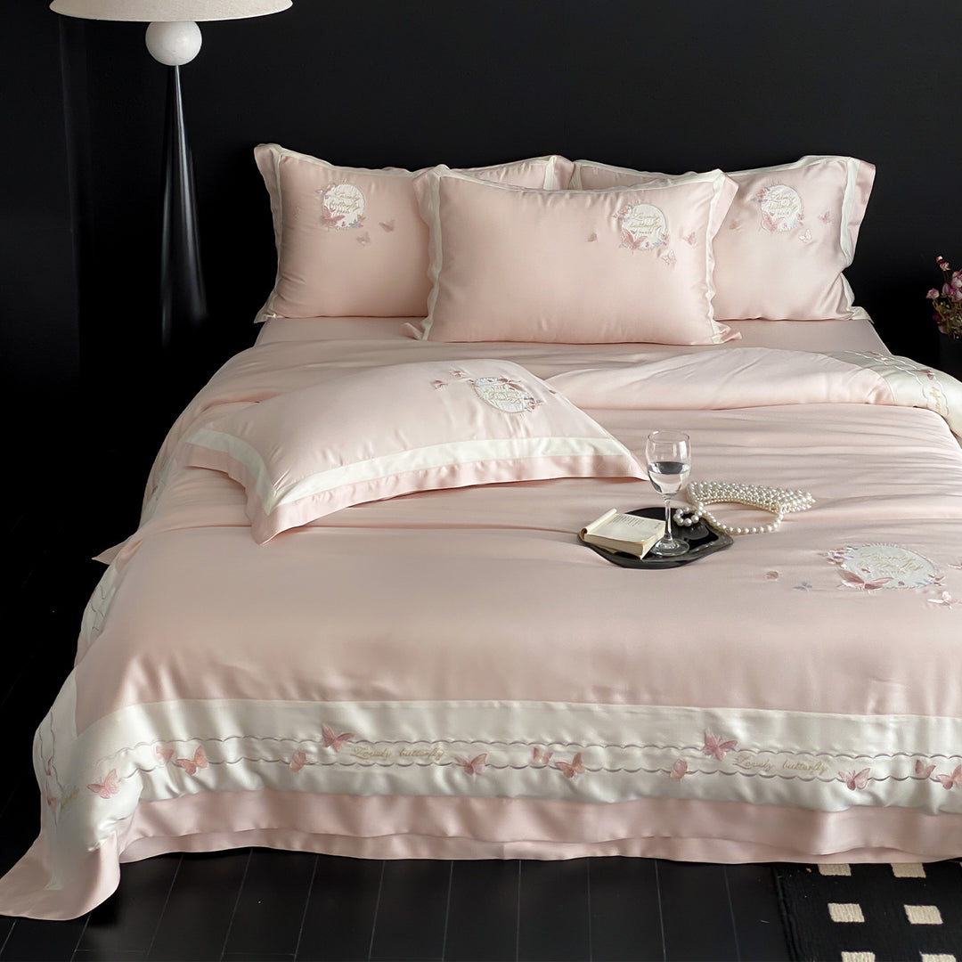 Embroidered Satin-Feel Butterfly Duvet Cover Bedding Set