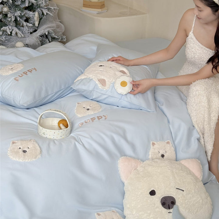 Plush Appliqué Puppy Duvet Cover Set with Cotton Sateen & Pillow Shams