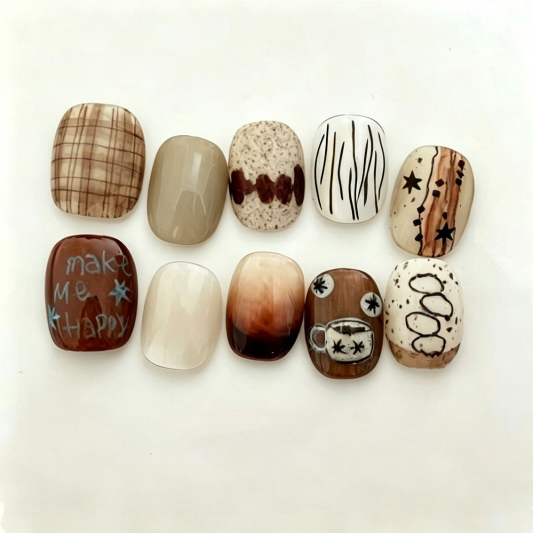 Artistic Coffee-Inspired Press-On Nail Art Set Stornfield