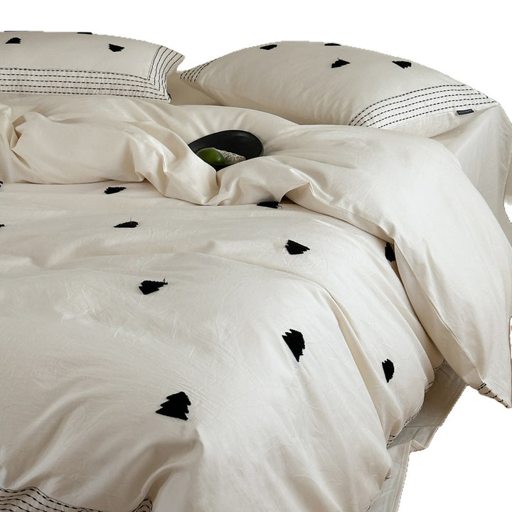 Embroidered Cotton Duvet Cover Set with Scattered Tuft Motifs and Triple-Stitch Border