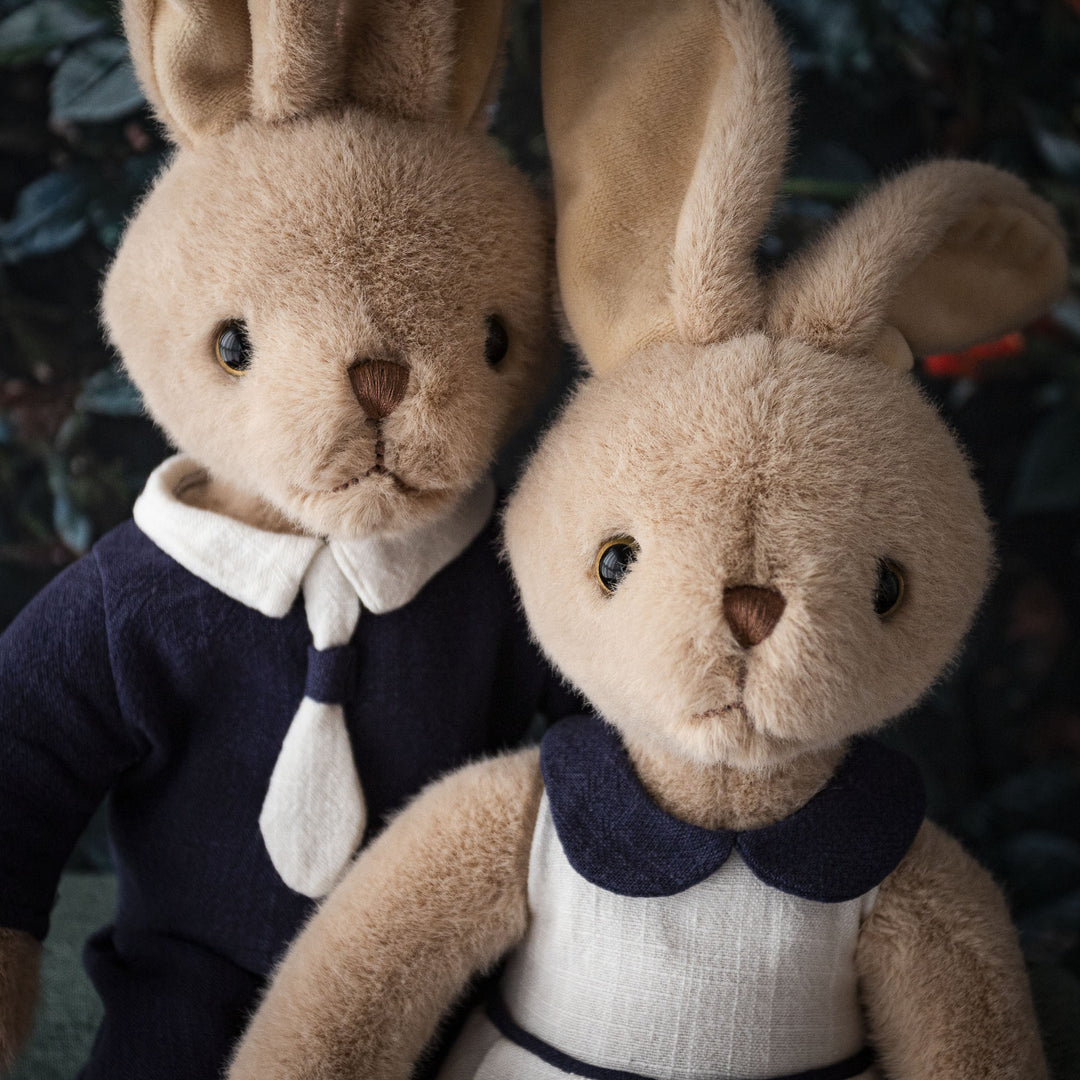 Plush Bunny Doll with Linen Outfit and Soft Fur