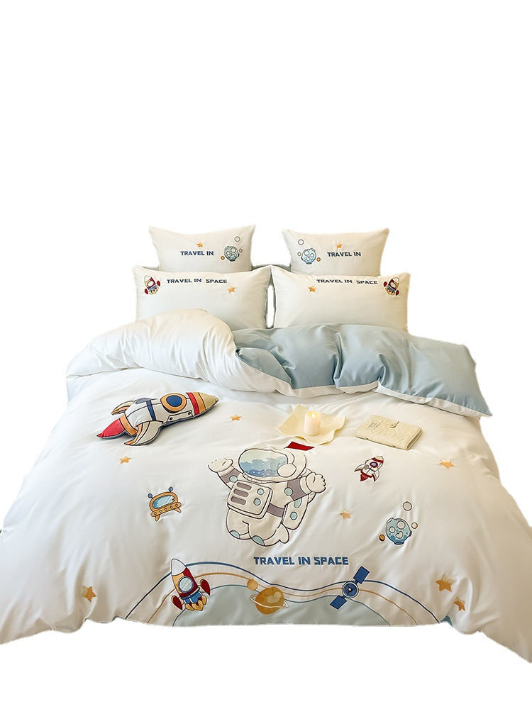 Children's Space-Themed Cotton Sateen Duvet Cover Bedding Set with Embroidered Astronaut & Rocket Motifs