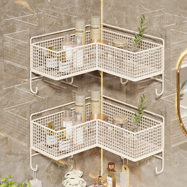 Corner Suction-Mounted Mesh Vanity Organizer with Dual Floating Baskets and Hook Rack