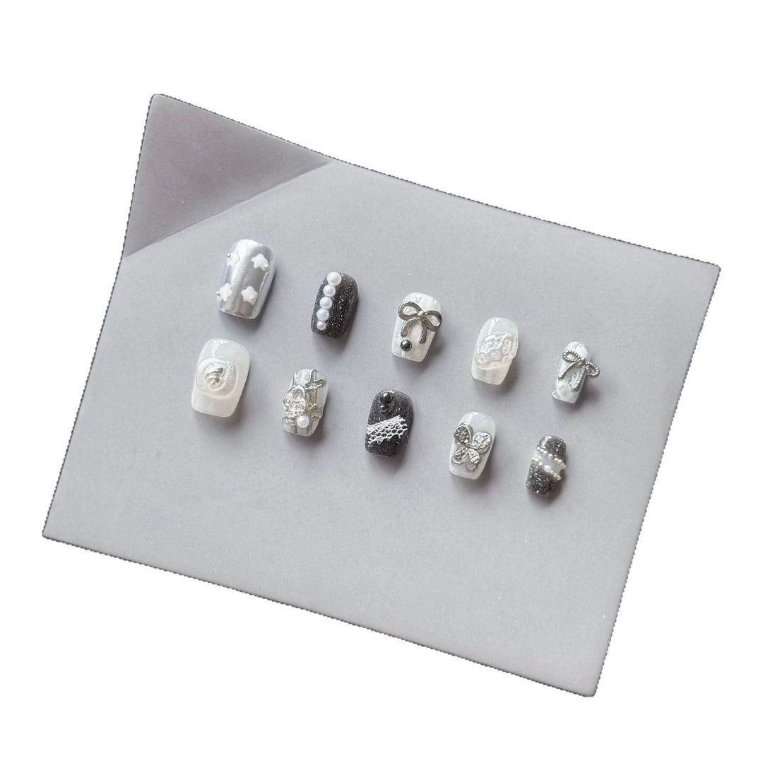 Decorative Press-On Nail Art Set with Rhinestone and Bow Accents