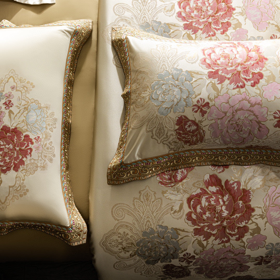 Premium Floral Jacquard Satin Duvet Cover Ensemble with Embroidered Border & Accent Pillow Shams