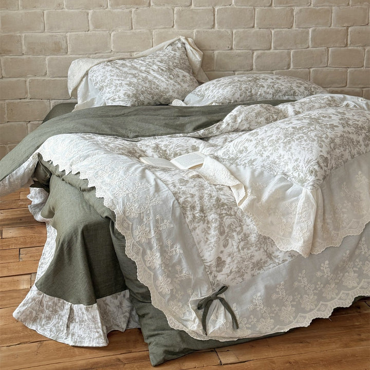 Floral Embroidered Cotton-Linen Duvet Cover Set with Lace Ruffle and Tie Closures