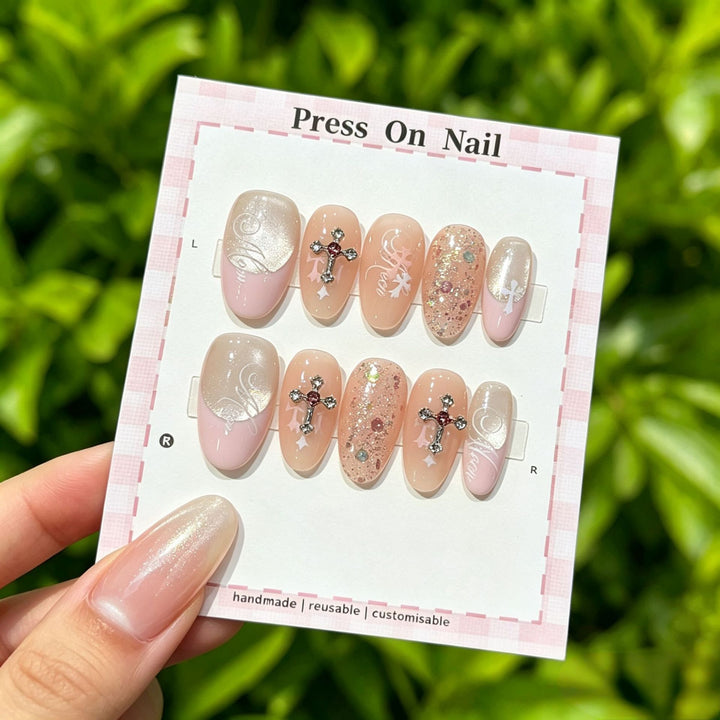 Decorative Press-On Nail Set with Gem Accents  1791774365