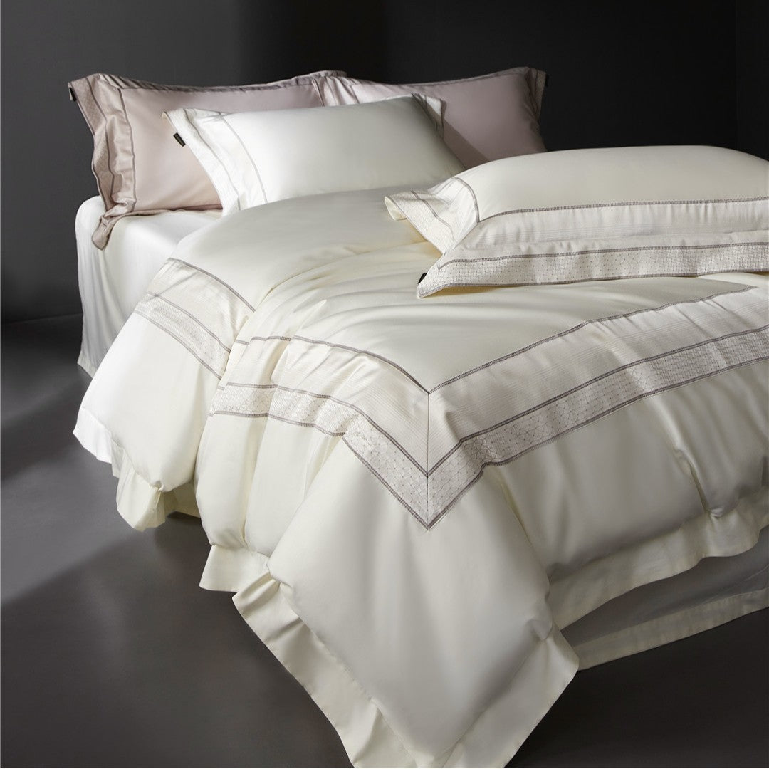 Luxury Micro-Sateen Duvet Cover Set with Embroidered Border and Decorative Shams