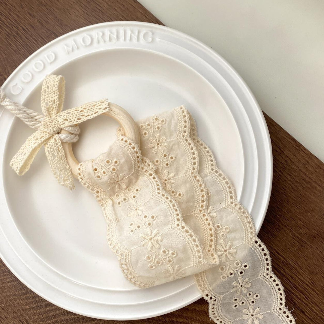 Wooden Elephant Teether with Organic Lace Sensory Ribbon