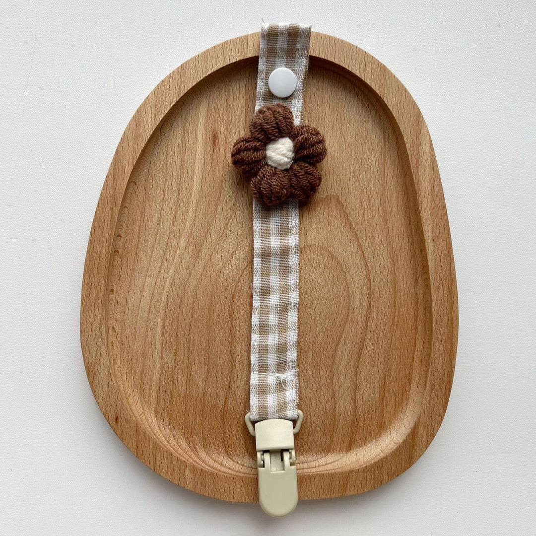 Crocheted Flower Pacifier and Teether Clip with Organic Cotton Strap