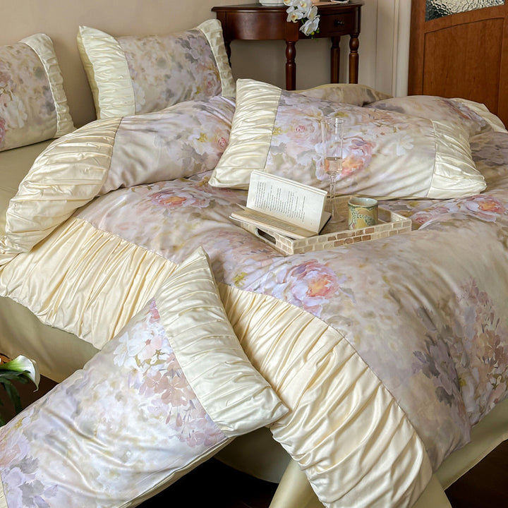 Pastel Watercolor Floral Satin-Trim Ruffled Duvet Cover Set