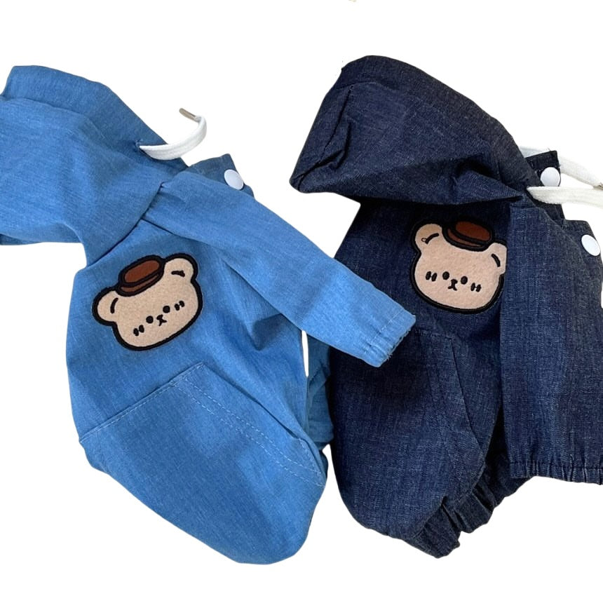 Denim-Look Hooded Pet Jacket with Bear Applique & Kangaroo Pocket