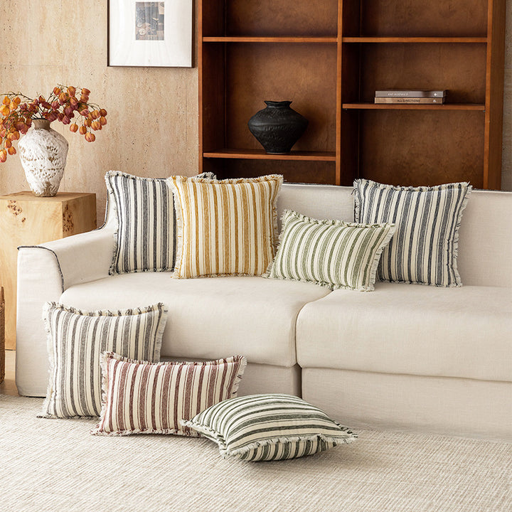 Square Woven Cotton Stripe Accent Pillow with Fringed Border and Removable Cover