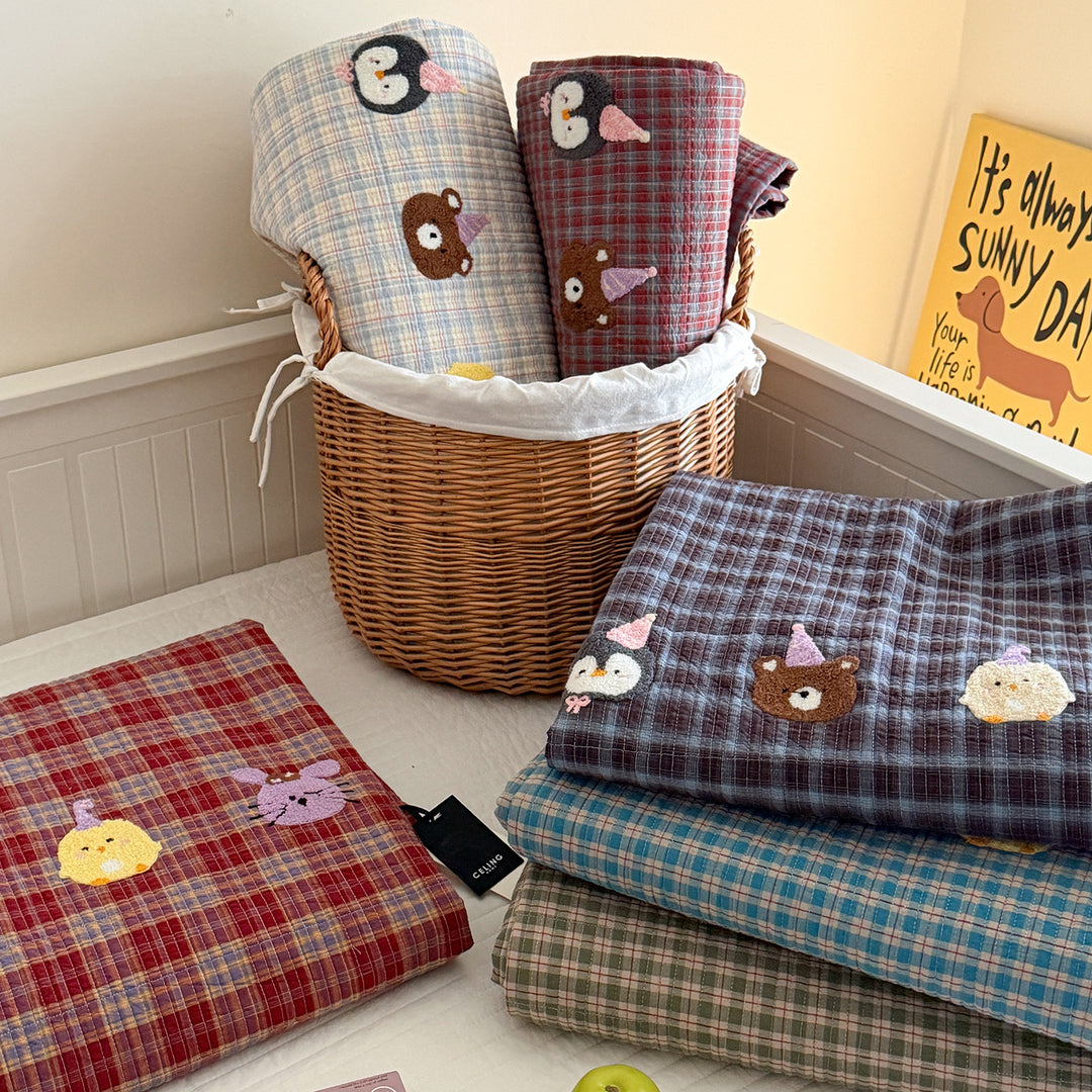 Quilted Plaid Cotton Mattress Cover and Comforter Set with Embroidered Animal Appliqué